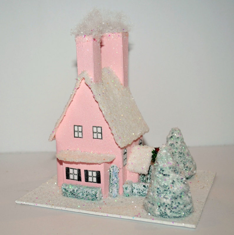 Pink Glitter House Handmade Christmas Putz House Glitter Etsy