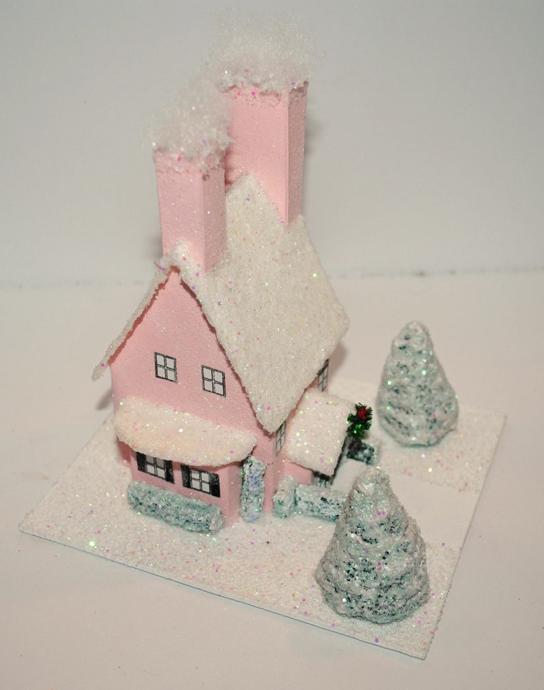 Pink Glitter House Handmade Christmas Putz House Glitter Etsy