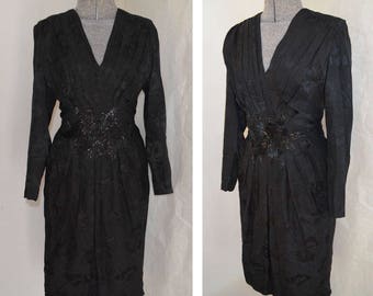 Vintage I Magnin Silk Black Floral Beaded Long Sleeve V Neck Wrap Dress Cocktail Dress Evening Gown Stunning Size 8