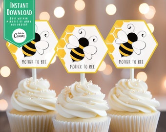 Editable, Mother to BEE Baby Shower Cupcake Toppers, Mother to BEE Baby Shower, Baby Shower Printable, Bee themed Baby Shower Printables