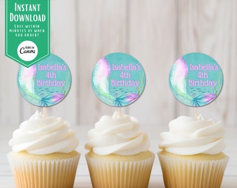 Editable, Mermaid Girl's Birthday Cupcake Toppers, Mermaid Birthday Party, Girl Birthday Party Printable, Cupcake Toppers, Mermaid Party