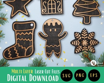 6 Laser cut Gingerbread Ornament Set, Wood Ornaments, Christmas Ornament SVG Cut Files, Glowforge, xTool, Cricut, DIgital Download