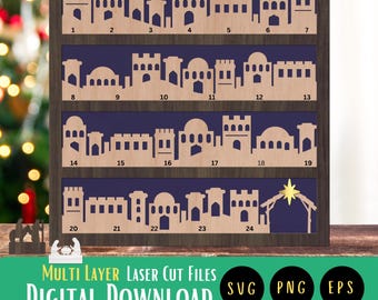 Gelaagde houten kerststal adventskalender, ontwerp, gesneden SVG-bestand, lasergesneden bestand, direct downloaden, vierkante kerststal advent, adventskalender SVG