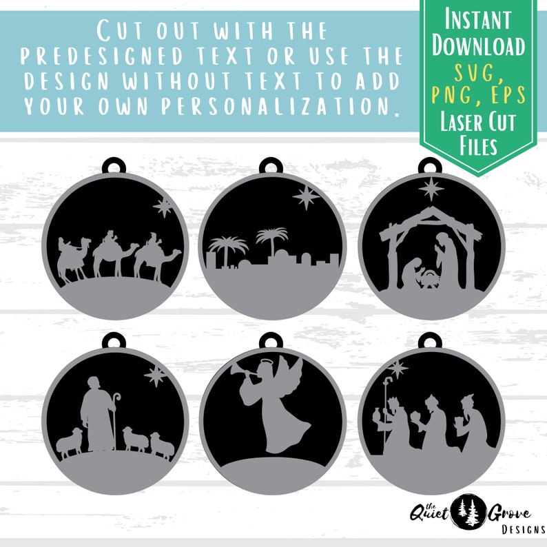 Nativity Ornament Laser Cut SVG Bundle, 6 Coordinating Nativity Ornaments, Christmas Ornament Cut Files, Christmas SVGs, glowforge image 4