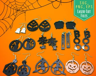 Puede incluir: Un conjunto de 12 pendientes de Halloween cortados con láser. Los pendientes están hechos de madera y presentan varios diseños, incluyendo murciélagos, fantasmas, calabazas y arañas. Los pendientes están disponibles para descarga instantánea en formatos SVG, PNG y EPS. El texto "INSTANT DOWNLOAD SVG, PNG, EPS LASER CUT FILES" se muestra en la esquina superior derecha de la imagen.