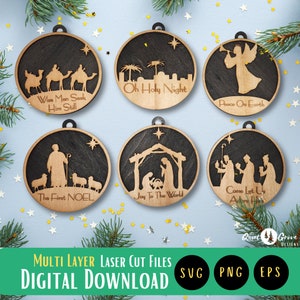 Nativity Ornament Laser Cut SVG Bundle, 6 Coordinating Nativity Ornaments, Christmas Ornament Cut Files, Christmas SVGs, glowforge image 1