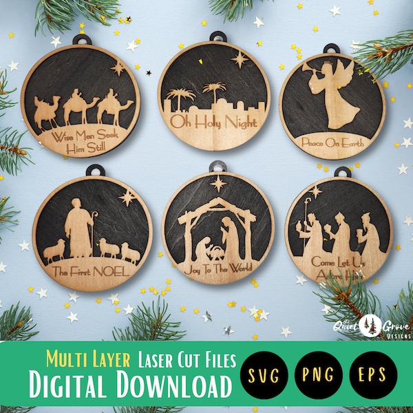 Nativity Ornament Laser Cut SVG Bundle, 6 Coordinating Nativity Ornaments, Christmas Ornament Cut Files, Christmas SVGs, glowforge