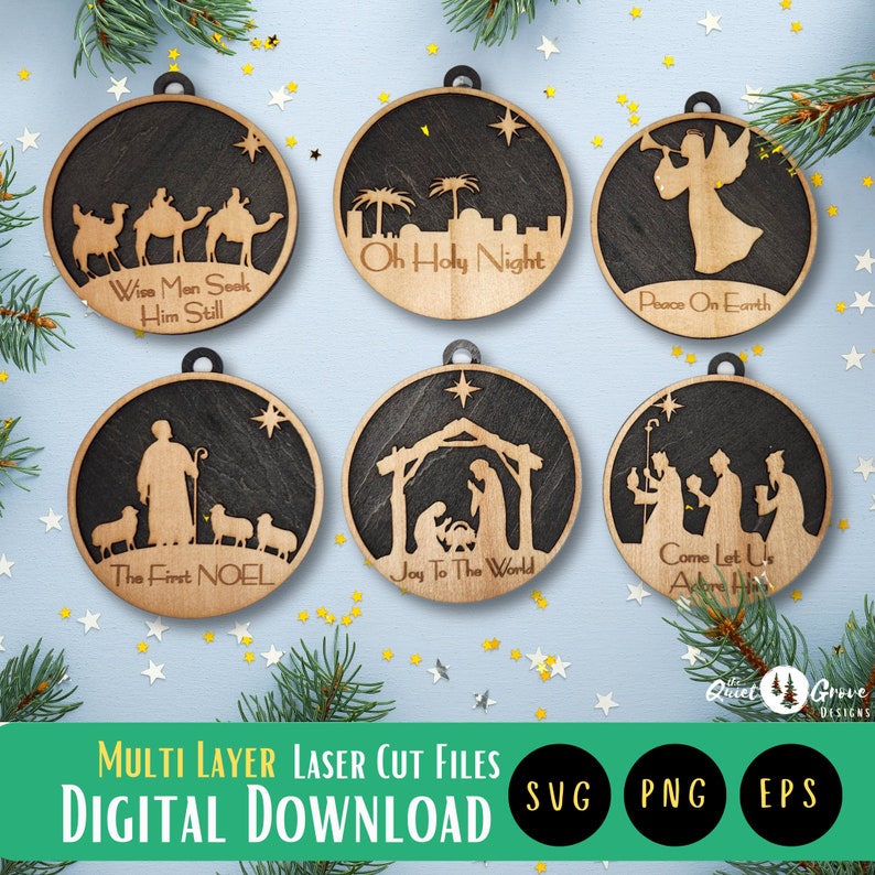 Nativity Ornament Laser Cut SVG Bundle, 6 Coordinating Nativity Ornaments, Christmas Ornament Cut Files, Christmas SVGs, glowforge image 1