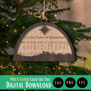 O Little Town of Bethleham Ornamento File Taglio Laser, Ornamento inciso con musica, File Taglio Laser di Natale, Ornamento Carol, Glowforge, xTool