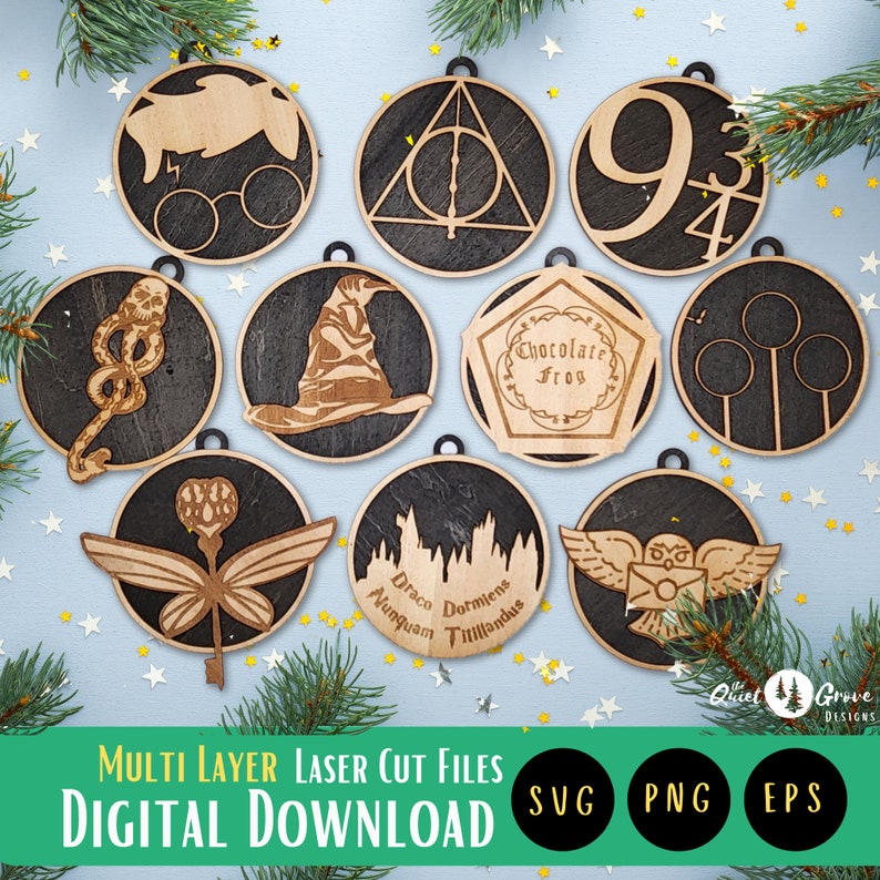 10 laser cut wizard-themed ornaments, Christmas Ornament SVG cut file, Wizard Ornaments, SVG, laser, glowforge image 1