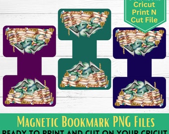 Dragon's Book Hoard Magnetic Bookmark Digital File, Magnetic Bookmark PNG, Cricut Print & Cut File, Dragon Bookmark Digital Download, PNG