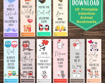 Printable Animal-Themed Valentine Bookmarks for Kids – Instant Download, Bookmark Valentines, Animal Valentines, Kids Valentines