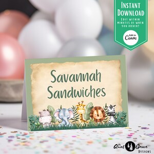 Editable, Wild One Food Card Printable, Name Card Printable, Edit in Canva, Wild One Party Printable, Animal Safari Party, Kid's Birthday image 1