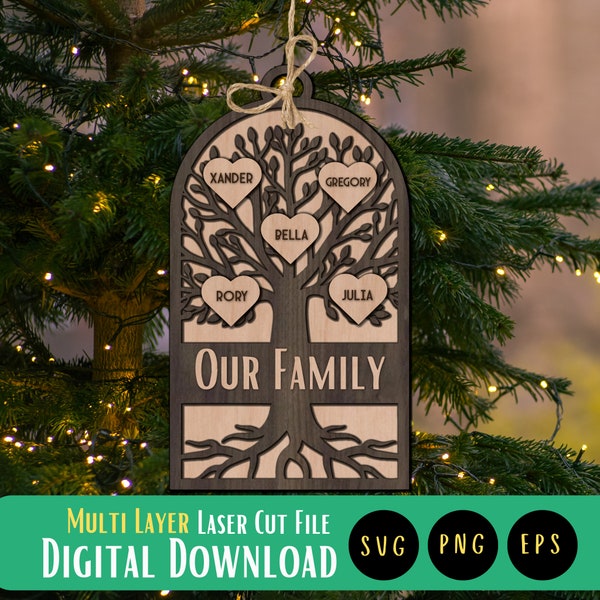 Family Tree Ornament Laser Cut File, 3 layer Laser Cut Ornament, Ornament SVG Cut File, Glowforge, xTool, Cricut, Custom Family Ornament