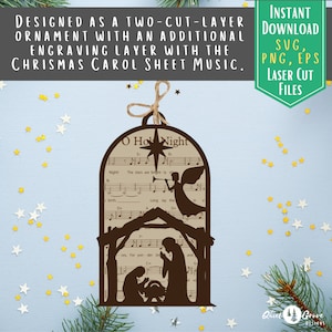 Oh Holy Night Ornament Laser Cut File, Music engraved Ornament, Christmas laser cut file, Nativity Ornament, Glowforge, xTool, Cricut, SVG image 2