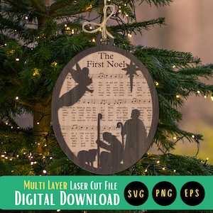 Il primo file di taglio laser per ornamenti di Natale, SVG per ornamenti a strati, Ornamento inciso con musica, SVG di Natale, Ornamento di canti natalizi, Glowforge, xTool