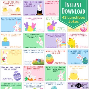 May include: A set of 42 printable Easter-themed lunchbox jokes. Each card features a colourful illustration of an Easter bunny, chick, or egg, along with a funny joke and answer. The cards are designed for instant download and are perfect for adding a little fun to kids' lunches.