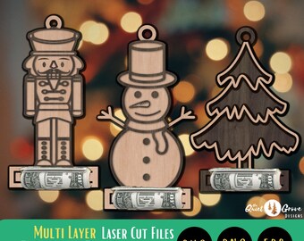 Money Ornaments SVG Cut File Bundle, NutCracker Ornament, Christmas Tree Ornament, Snowman Ornament, Laser Cut File, Xtool, Glowforge, SVG