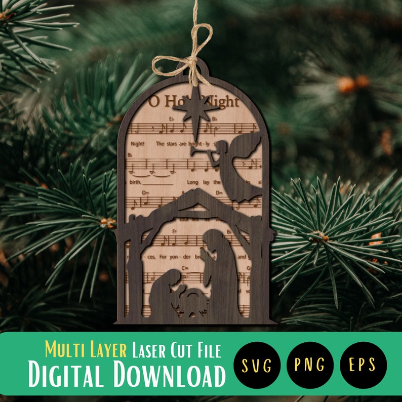 Oh Holy Night Ornament Laser Cut File, Music engraved Ornament, Christmas laser cut file, Nativity Ornament, Glowforge, xTool, Cricut, SVG image 1