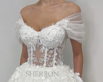 White floral beaded corset tulle wedding dress, see through bride sheer corset prom dress