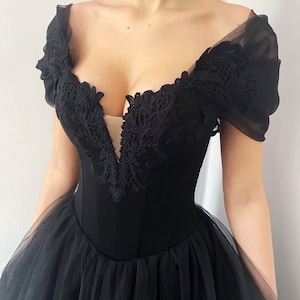 Black gothic corset tulle wedding dress, alternative black wedding gown, black lace dres