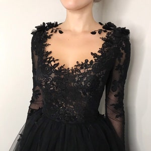 Black floral gothic wedding dress, black flower tulle lace dress, alternative bride dress