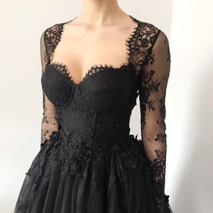 Black gothic corset wedding 3D lace floral tulle dress, alternative bride dress