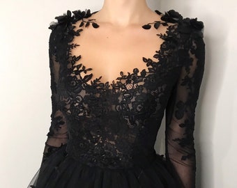 Black floral gothic wedding dress, black flower tulle lace dress, alternative bride dress