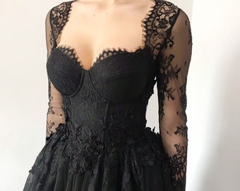 Black gothic corset wedding 3D lace floral tulle dress, alternative bride dress