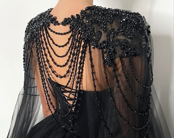 Black crystal beaded tulle cape
