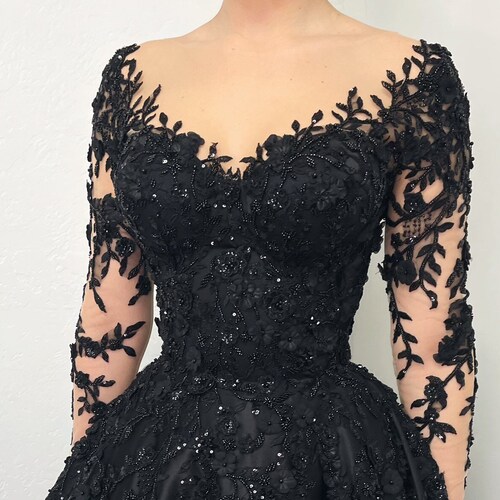 Black gothic lace corset strap wedding dress, long train alternative bride dress,DS9576