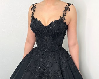 Black gothic shiny satin corset wedding dress, alternative strap beaded train gown