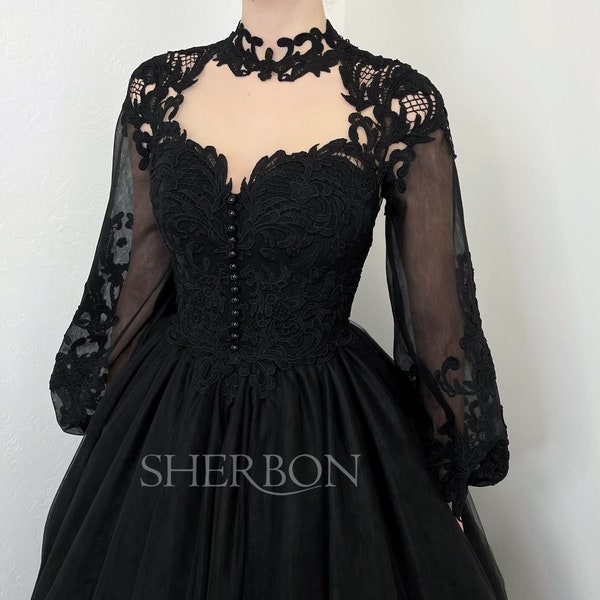 Black gothic lace open back wedding dress with scalloped lace trim train skirt, bishop sleeve alternative bride tulle vintage style dress