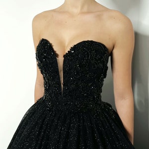 Black shiny glamorous gothic wedding dress, embellished crystal beaded corset glitter dress, cinderella princess train gown
