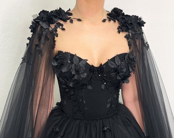 Black gothic floral fantasy 3D lace tulle corset gown and cape, alternative beaded train flower dress