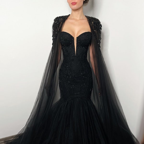 Black gothic beaded lace corset tulle mermaid wedding dress, alternative bride cape dress with a train