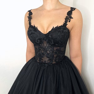 Black gothic sheer corset lace tulle wedding dress with straps and scalloped lace trim, alternative bride tulle train dress
