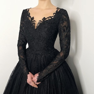 Black gothic romantic wedding lace dress with buttons, vintage scalloped lace alternative bride gown