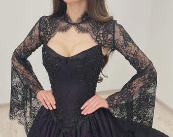 Gothic Black Wedding Keyhole Jacket With Bell Sleeves, Alternative