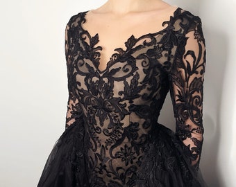 Gothic Black and Beige A line lace dress with a detachable tulle skirt