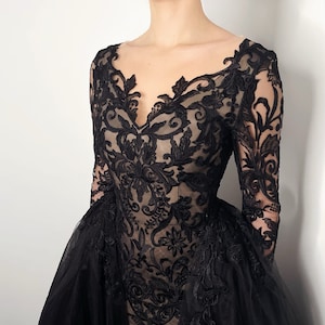 Gothic Black and Beige A Line Lace Dress With a Detachable Tulle