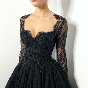 Black gothic embellished beaded lace corset wedding dress, alternative bride sparkly gown