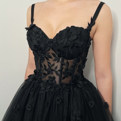 Black Gothic Sparkly 3d Floral Lace Corset Dress Alternative Etsy