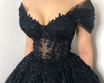 Black gothic floral beaded corset tulle wedding dress, alternative bride sheer corset prom dress