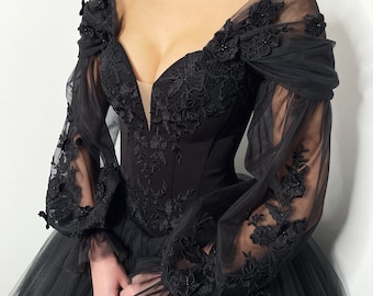Black Vintage style Gothic floral wedding dress, 3D flower tulle lace train alternative bride dress
