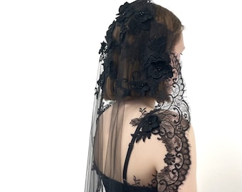 Black gothic lace veil with 3D flowers, floral trim veil