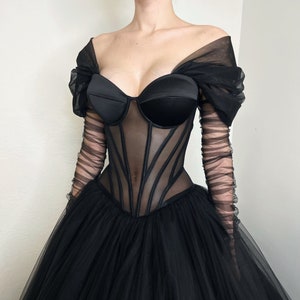 Black gothic sheer corset tulle wedding dress, alternative bride gown