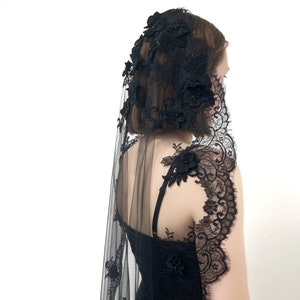 Black gothic lace veil with 3D flowers, floral trim veil