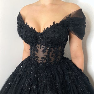 Black gothic floral beaded corset tulle wedding dress, alternative bride sheer corset prom dress