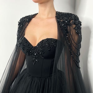 Black Gothic crystal beaded corset wedding tulle dress, elegant beaded alternive bride dress, long black cape